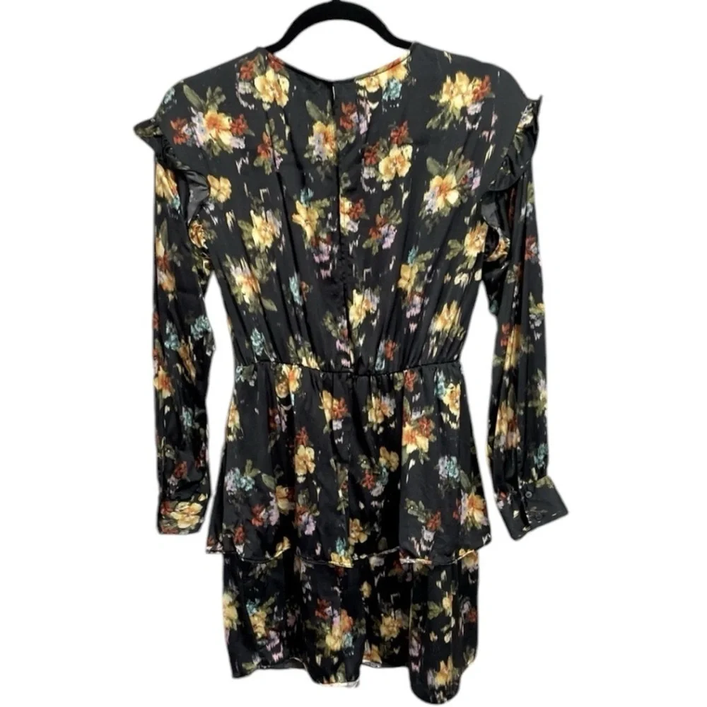 Zara Black Floral Ruffle‎ Mini Long Sleeves Dress Size XS - Picture 15 of 16